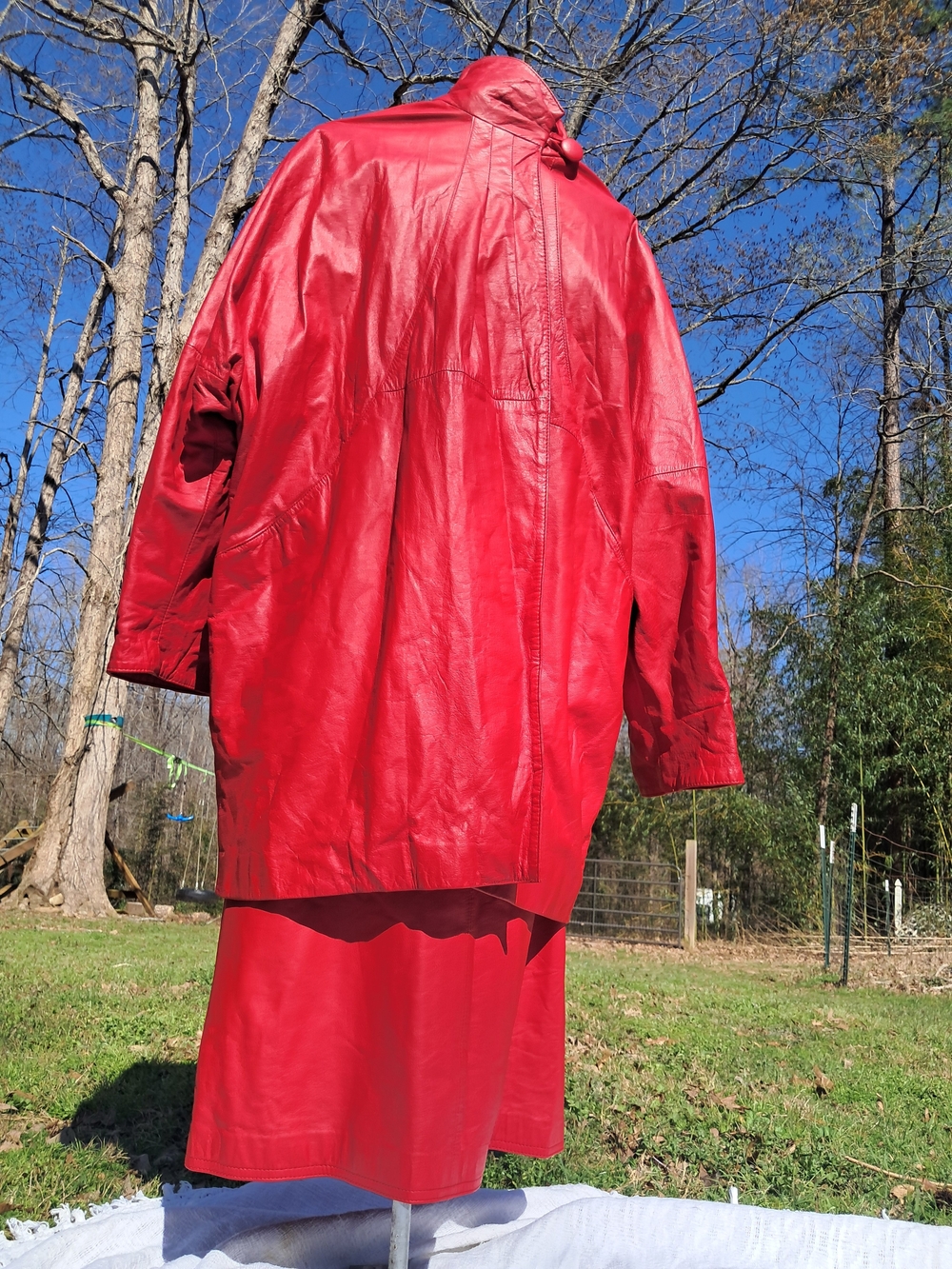 1980s Bold Red Leather Coat and Skirt Set